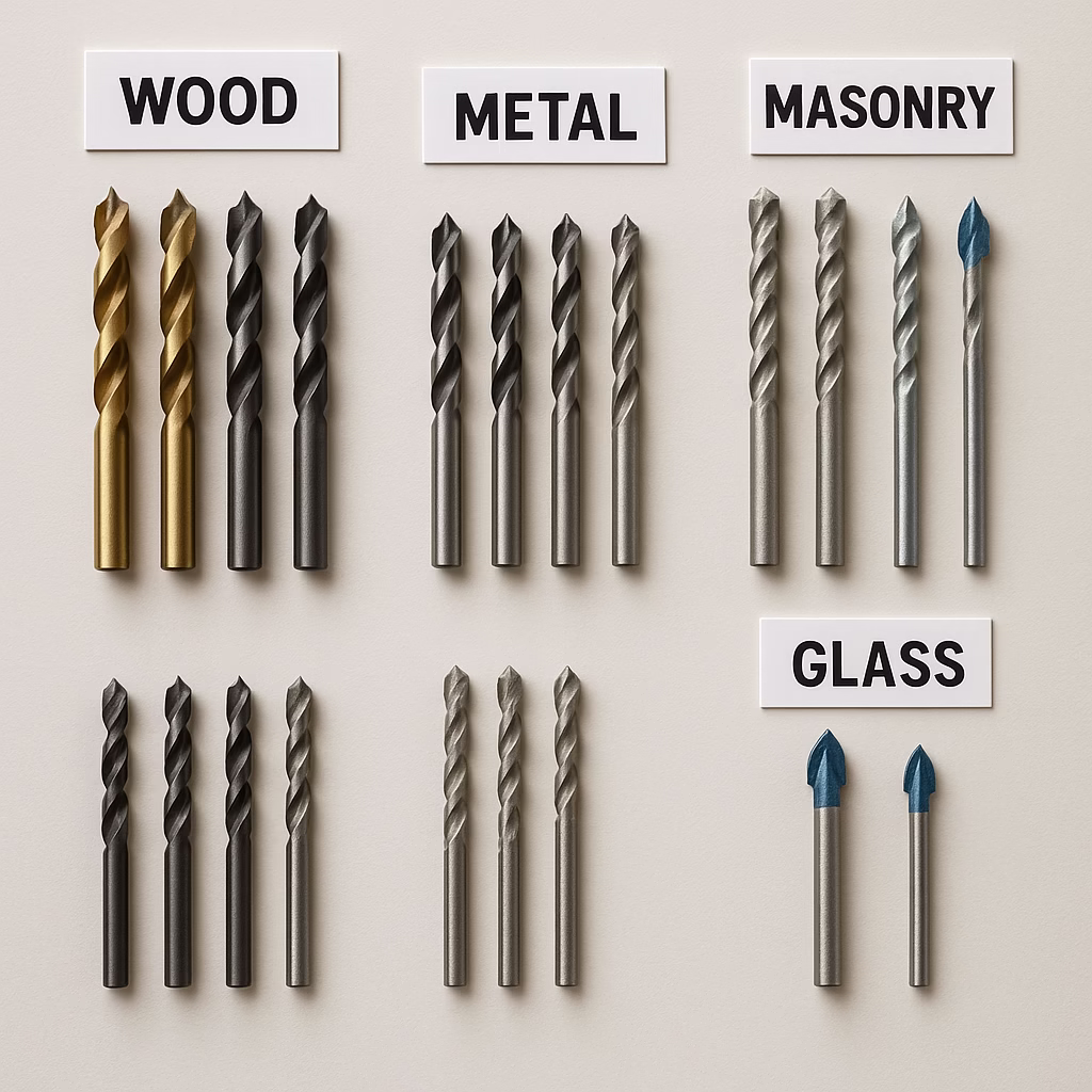 مقایسه انواع مته برای چوب، فلز، بتن و کاشی در یک تصویر