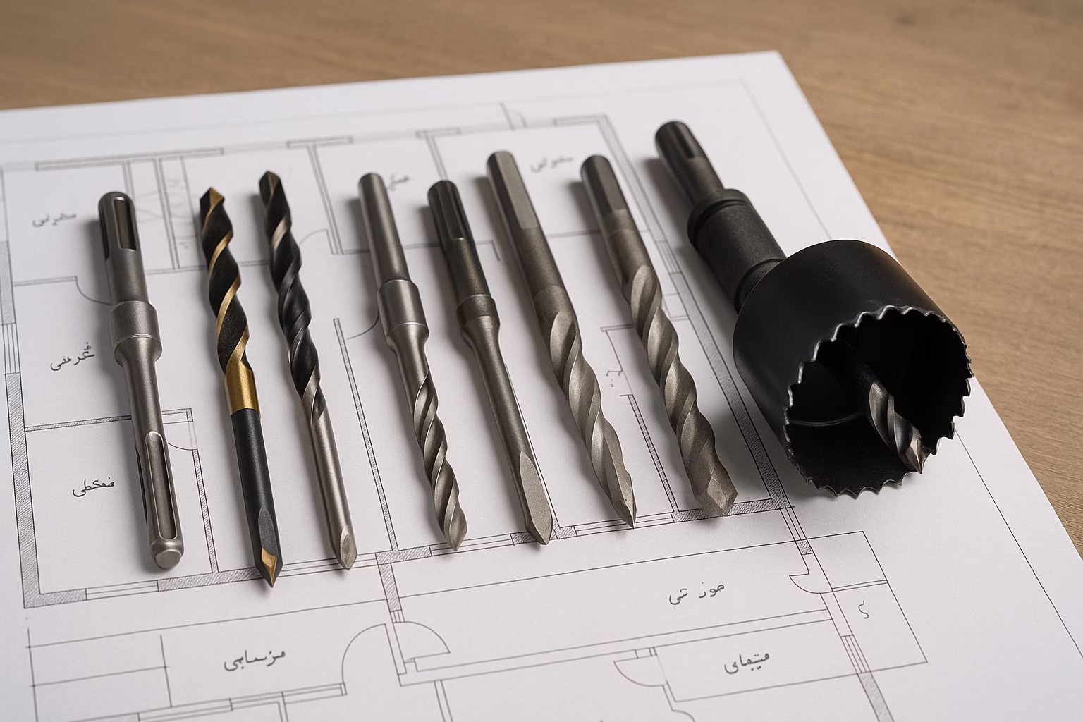 انواع مته مورد استفاده در پروژه‌های مختلف ساختمانی روی میز کار