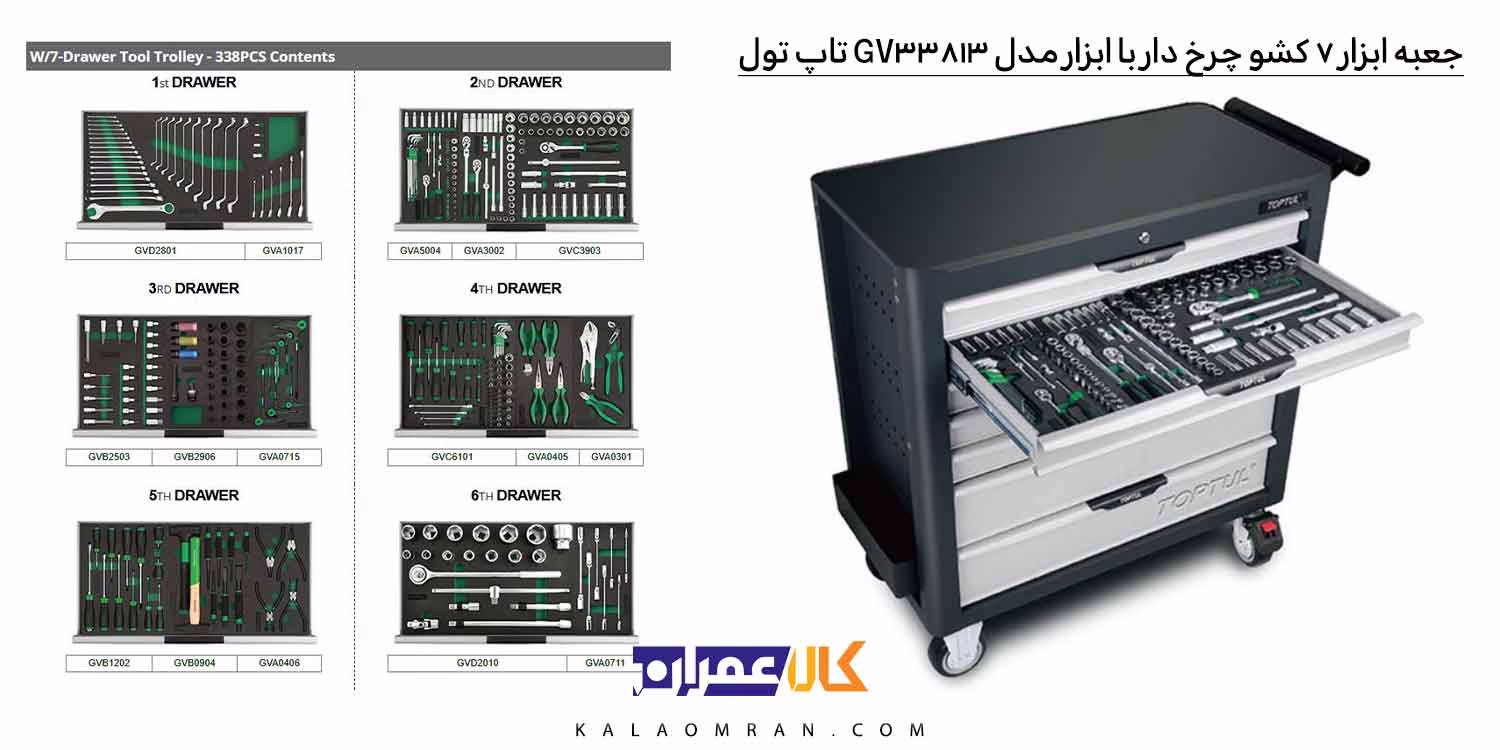 جعبه ابزار چرخ دار کشویی تاپ تول 338 پارچه مدل GV33813