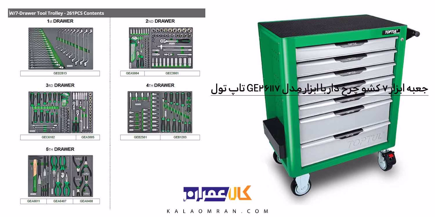 جعبه ابزار 261 پارچه چرخ‌دار 7 کشو با ابزار سری PRO-PLUS از برند معتبر تاپ تول (TOPTUL)