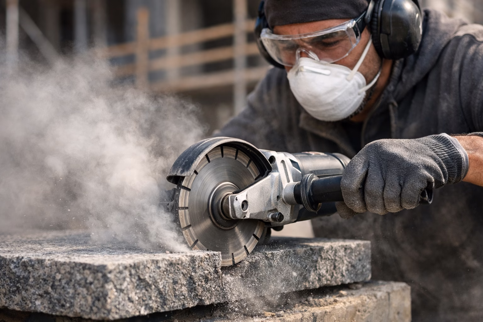 فرز سنگبری در حال برش سنگ با صفحه الماسی و محافظ ایمنی